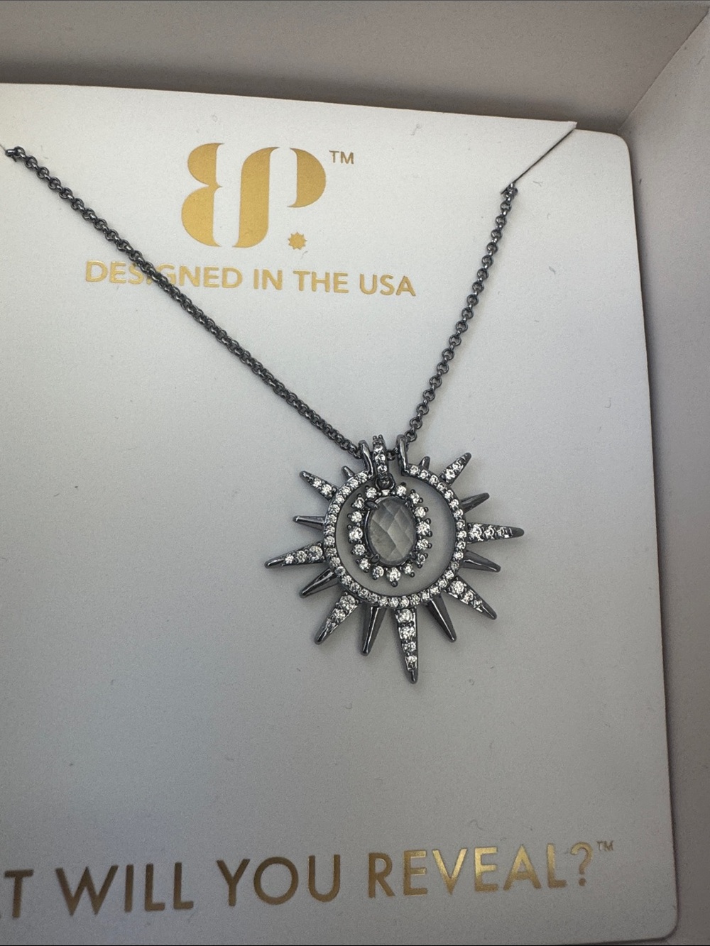 bp Gunmetal Sunburst Pendant Necklace with Clear Crystals